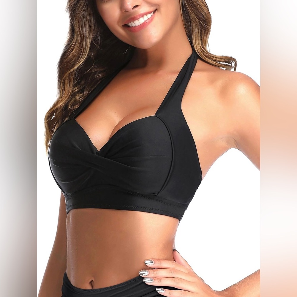 Tempt Me Black Retro Halter Push Up Bikini Top